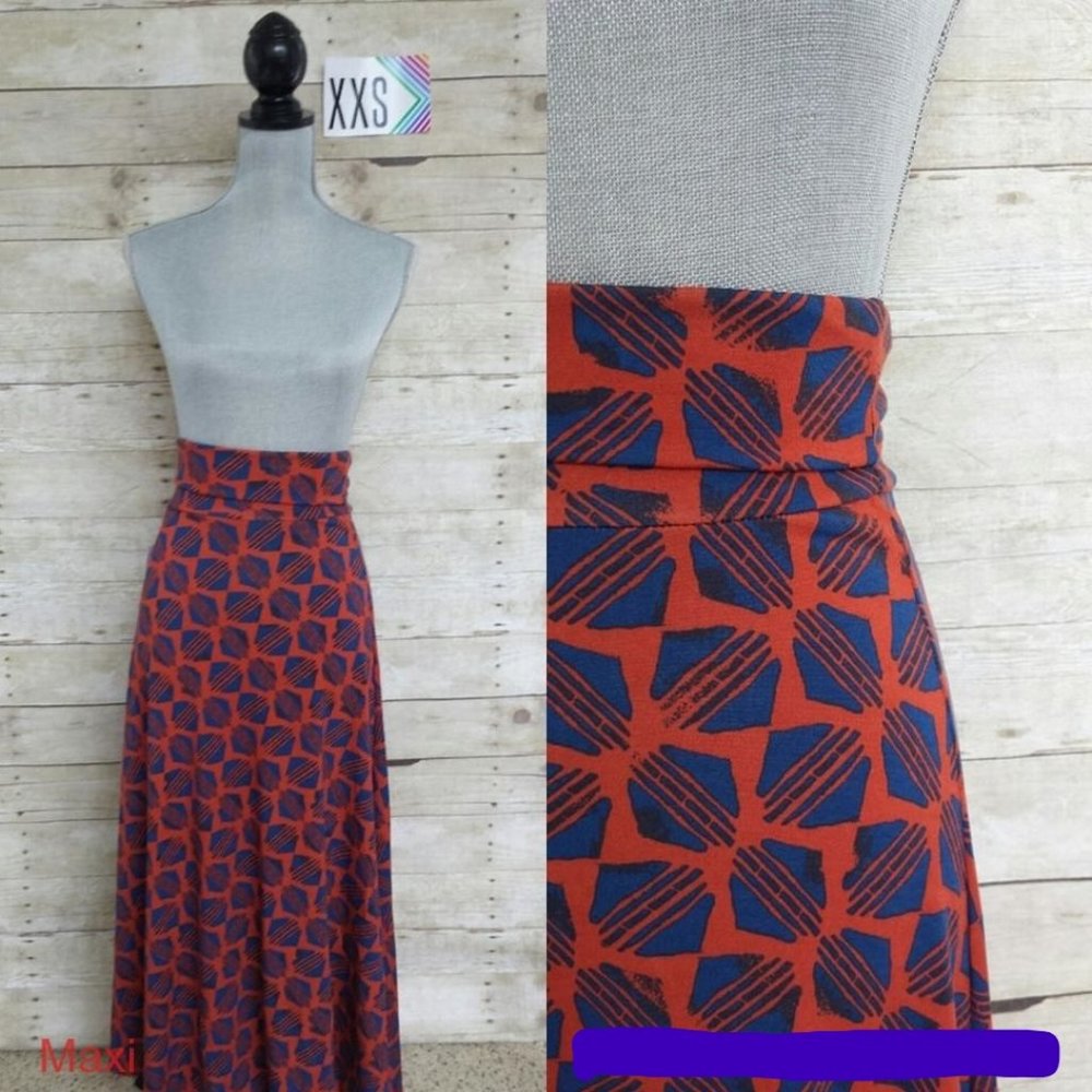 NWT LuLaRoe Maxi Skirt/Dress XXS - Blue Design on Orange/Rust/Brown